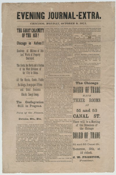 1871年10月9日の1871年のシカゴ火に関するシカゴイブニングジャーナルの補足記事（ニュースプリント） 作： American School