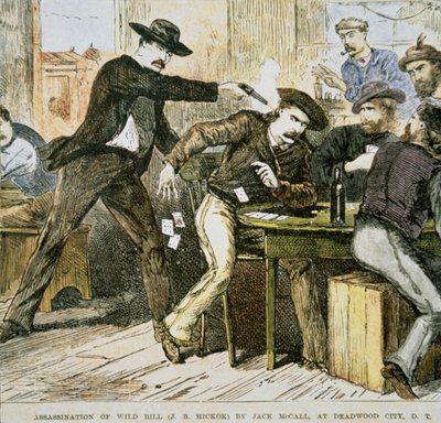 1876 年 8 月 2 日、ダコタ準州デッドウッド シティでのジャック マッコールによる「ワイルド ビル」 (W.B. ヒコック) の暗殺 (カラー リソ) 作： American School