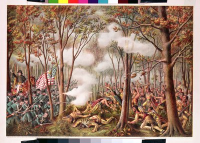 1811年11月7日、インディアナ州ティッペカヌー川でのネイティブアメリカンの攻撃 作： American School