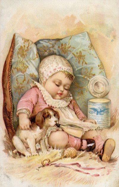 瓶から飲む子犬の赤ちゃん、保存乳の広告 作： American School