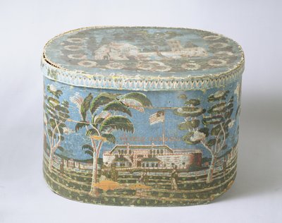 城の眺めを示す版画紙で覆われたバンドボックス、c.1835（段ボールと紙） 作： American School