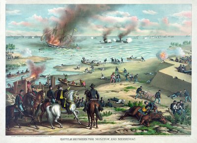 1862年3月9日、バージニア州ノーフォーク近くのハンプトンロードでのモニターとメリマックの戦い。クルツとアリソン、1889年 作： American School