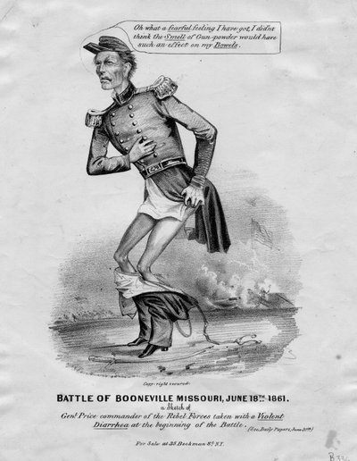 1861年6月18日、ミズーリ州ブーンビルの戦い：Genlのスケッチ。戦いの初めに暴力的な下痢で撮影された価格、1861年にニューヨークで公開 作： American School