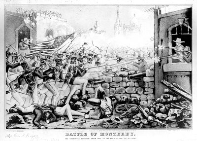 モントレーの戦い：1846年9月23日、メインプラザに向かうアメリカ人の彫刻、Nathanial Currier（1813-88） 作： American School