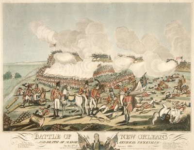 ニューオーリンズの戦いと1815年1月8日のパッケナム少将の死、pub.1815年（彩色済み彫刻 作： American School