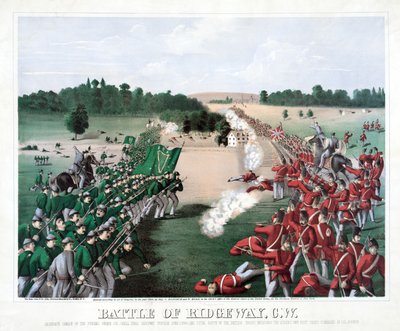 リッジウェイの戦い、C.W.、pub.1869年（彩色済み彫刻）。 作： American School