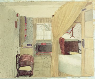 1861年、ニューヨーク州アルバニーの寝室のインテリア（紙に鉛筆でトイレ） 作： American School