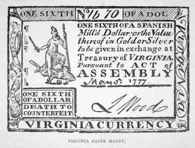 1777年のバージニア州紙幣、1ドルの6分の1札（リトグラフ版 作： American School