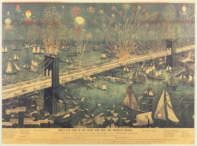 1883年のオープニングナイトのグレートニューヨークとブルックリンブリッジの鳥瞰図と花火のグランドディスプレイ 作： American School