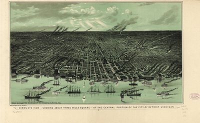 1889年頃、ミシガン州デトロイト市中心部の鳥瞰図（約3マイル四方を示す）（リトグラフ 作： American School