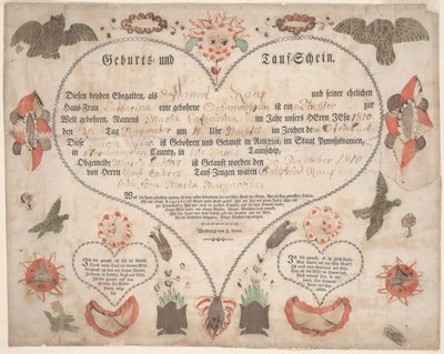 1806年頃のMaria Catharina Raupの出生・洗礼証明書（Geburts und Taufschein）（紙に水彩とペン＆インク 作： American School