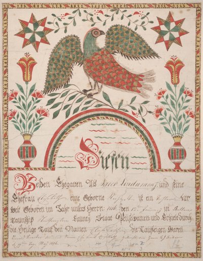 エリザベスリンダマンの誕生と洗礼の証明書、1820年頃（紙にインクとトイレ） 作： American School