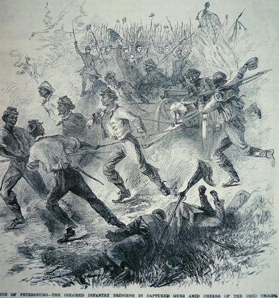 ピーターズバーグ包囲戦 (1864-65) で、北軍の黒軍が鹵獲した銃を持ち込む (リソ) 作： American School
