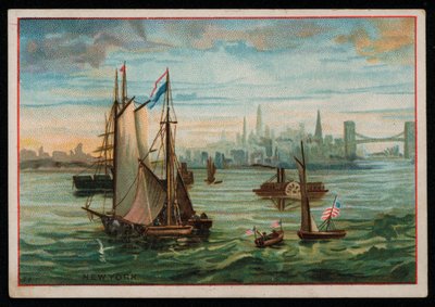 ニューヨークの港に浮かぶボート、グリーティングカード。(chromolitho) 作： American School