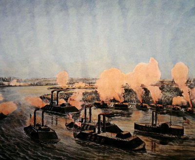 1862年4月7日、ミシシッピ川の島「ナンバー・テン」への砲撃と捕獲、Currier & Ives社刊（カラーリトグラフ）。 作： American School