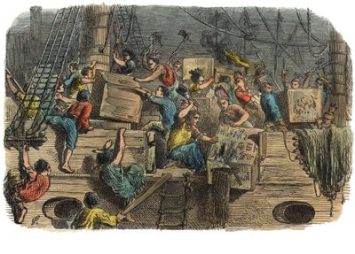 ボストン茶会、1860年代頃（手彩色のエングレービング 作： American School