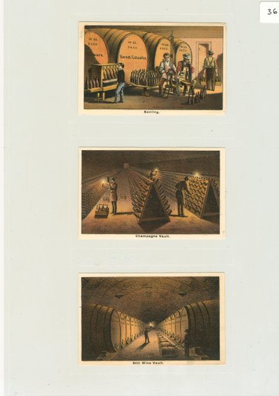 瓶詰め」と「シャンパン保管庫」、ワイナリーのトレードカード、1876年頃（カラーリトグラフ 作： American School