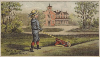 田舎の家の外で草を刈る少年 (クロモリソ) 作： American School