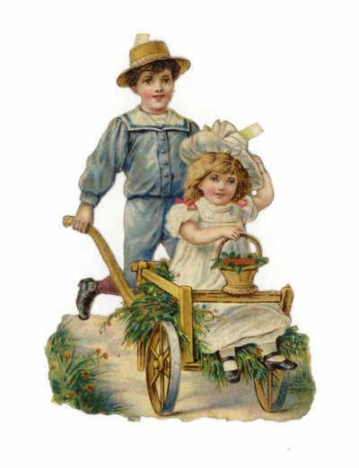 中に座っている女の子と手押し車を押す少年 作： American School