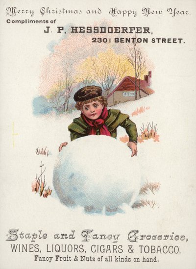 巨大な雪玉を転がしている少年 作： American School