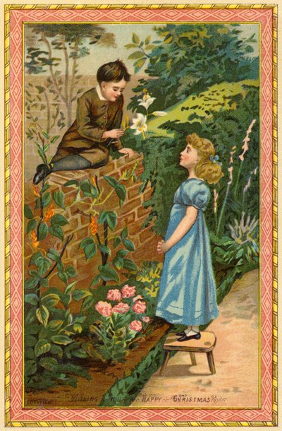 女の子に花を提供する壁に座っている男の子 作： American School