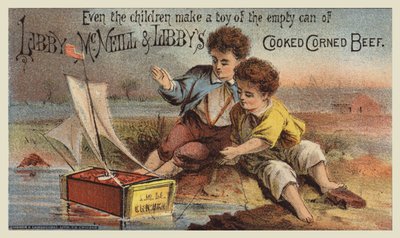 コンビーフブリキの帆船で遊ぶ男の子たち 作： American School