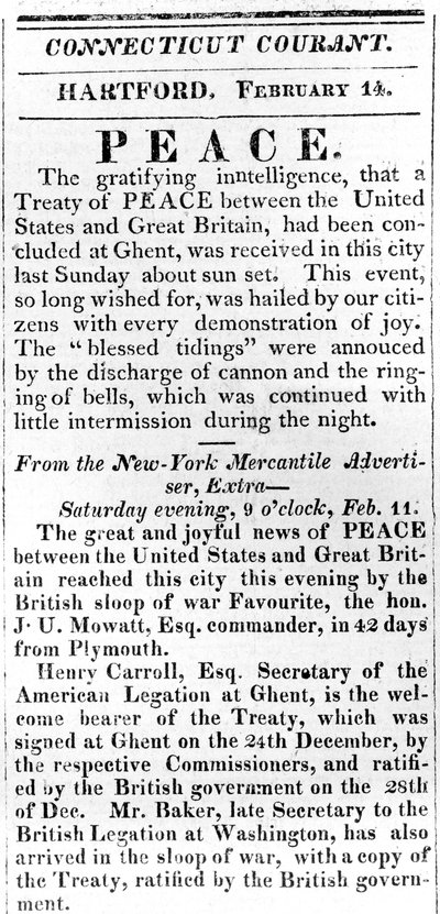 1815年のコネチカットクーラントで印刷された1812年の戦争後のブロードサイド、米国とイギリス間の平和を発表（印刷） 作： American School