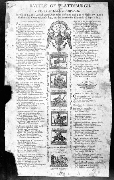 1812年の戦争のブロードサイド。シャンプレーン湖でのプラッツバーグの戦いと勝利をフィーチャー（印刷） 作： American School