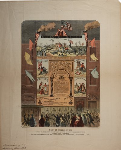 アフリカ系アメリカ人の採用とメリーランド、リングウォルト＆ブラウン（fl.1863-1865）での解放を祝うことに関するブロードサイド、1864年11月頃（GLC 696015、696016および696017も参照） 作： American School