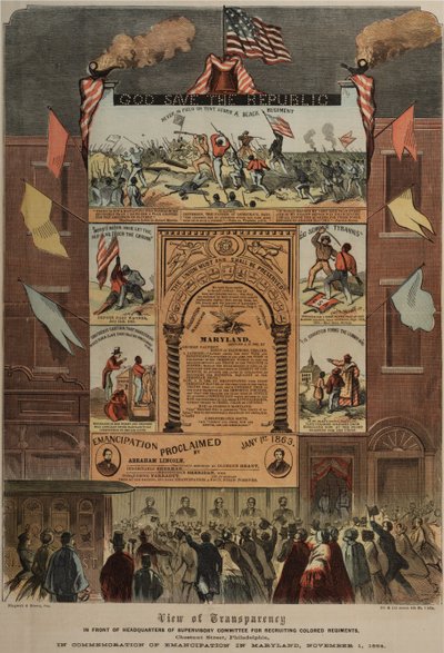 アフリカ系アメリカ人の募集とメリーランド、リングウォルト＆ブラウン（fl.1863-1865）での解放を祝うブロードサイド、1864年11月頃（GLC 696014、696016および696017も参照） 作： American School
