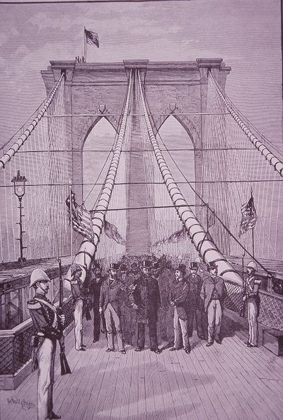 ブルックリン橋、開通式に臨むアーサー大統領、1883年5月24日（エングレービング 作： American School