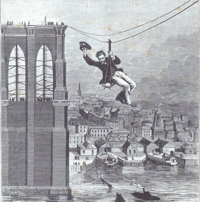 建設中のブルックリン橋。1876年8月25日、2本の鉄塔の間を最初に渡ったのは、建設主任のファリントン氏（写真左）。 作： American School