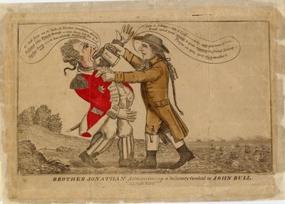 1813年にジョンブルに敬意を表する礼儀を執り行うジョナサン兄弟（手描きの彫刻） 作： American School