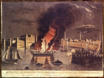 1804年2月16日にトリポリの港でフリゲートフィラデルフィアの焼却 作： American School