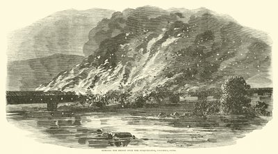 1863年6月、ペンシルバニア州コロンビアのサスケハナに架かる橋を燃やす 作： American School