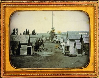 カリフォルニアゴールドマイニングタウン、1852年頃（ハーフプレートダゲレオタイプ、エンボスレザーケース） 作： American School