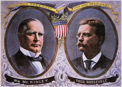 ウィリアム・マッキンリー(1843-1901)を大統領に、セオドア・ルーズベルト(1858-1919)を副大統領に任命するキャンペーンポスター 作： American School