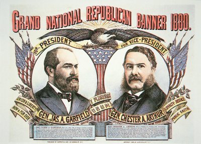 大統領候補ジェームズ・A・ガーフィールド(1831-81)と伴侶チェスター・A・アーサー(1829-86)のキャンペーンポスター 1880年（カラーリトグラフ 作： American School