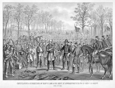 1865年4月9日、米国グラント中将に対するバージニア州アポマトックス地区でのロベルト・E・リーと彼の軍隊の降伏と降伏。1885年（彫刻 作： American School