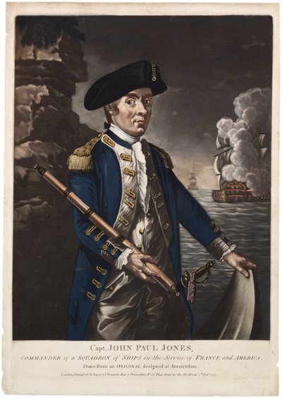 ジョンポールジョーンズ大尉、1780年のフランスとアメリカのサービスにおける艦隊の指揮官（手塗りのメゾチント） 作： American School