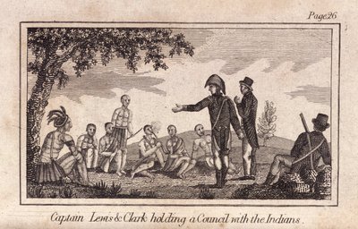 ルイス＆クラーク船長がインディアンと協議している様子、Pub.1812年（彫刻 作： American School