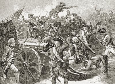 1885年にASバーンズウントによって発行された「米国の簡単な歴史」からの1781年のヨークタウンでの難問のキャプチャ 作： American School