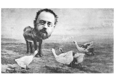 エミールゾラの似顔絵（1840-1902）、ロバとガチョウ。 1889年4月4日の生命から 作： アメリカの学校