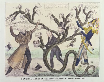 ジャクソン将軍の風刺画（1767-1845）HRロビンソン発行の多頭モンスターを倒す、c.1836（紙にペンとインク、鉛筆とトイレ） 作： American School