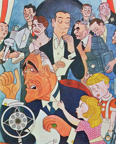 ルーズベルト大統領のラジオ放送「ファイヤーサイド・チャット」に関する漫画コメント（カラーリトグラフ） 作： American School