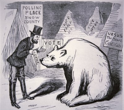 アメリカの政治家が無人のアラスカで有権者を探そうとしている様子を描いた漫画。 作： American School