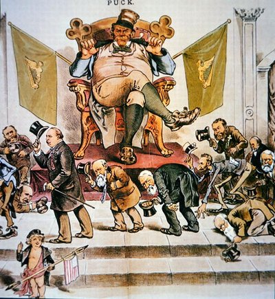 1889 年 4 月 3 日の「パック」に掲載された、米国におけるアイルランドの政治権力を描いた漫画 (カラー リソ) 作： American School