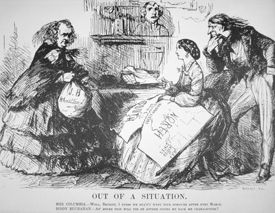 ジェームズ・ブキャナン（1791-1868）に対するアメリカ国民の拒絶を風刺した「ヴァニティ・フェア」誌の漫画（4月7日）。 作： American School