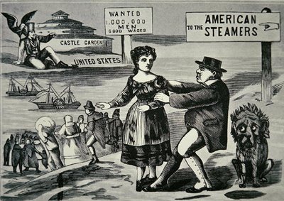 米国への労働者の流れの増加を止めようとしているジョン・ブルを示す漫画、1850年頃（彫刻） 作： American School
