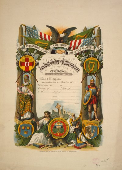 エンシェント・オーダー・オブ・ハイベルニアンズ・オブ・アメリカの会員証明書 1894年頃（カラーリトグラフ 作： American School